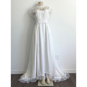 70s Vintage Ivory Lace Wedding Dress Boho Cottagecore Victorian High Neck Gown